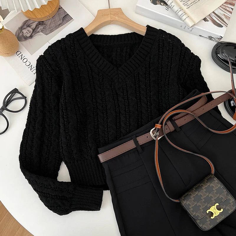 2026 New Autumn Winter Loose Casual Knitwear V-neck Long Sleeve Knitted Sweaters Twist Hollow Out Crochet Short Pullover Tops