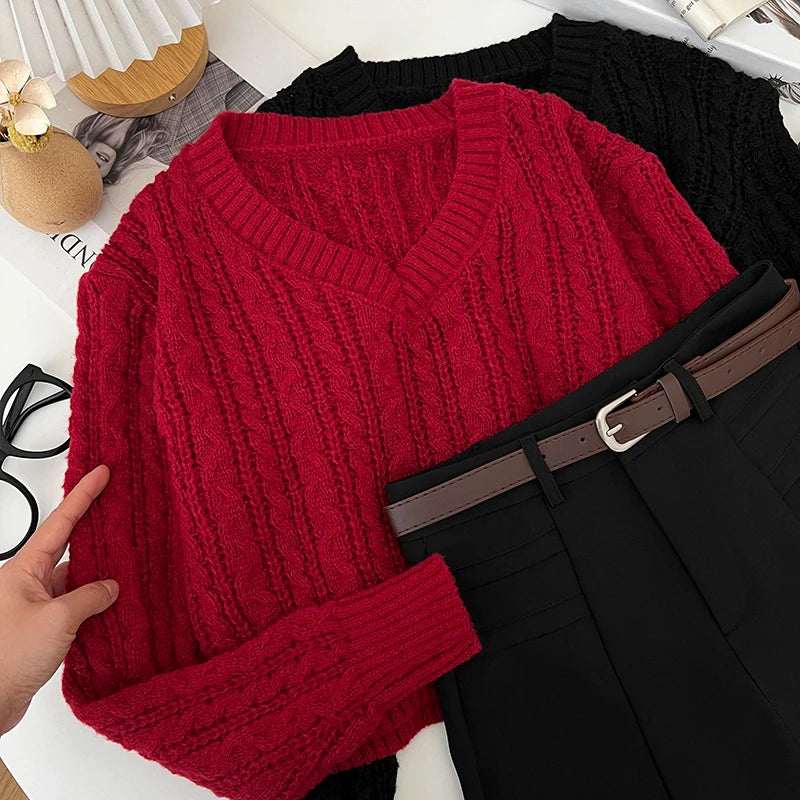 2026 New Autumn Winter Loose Casual Knitwear V-neck Long Sleeve Knitted Sweaters Twist Hollow Out Crochet Short Pullover Tops