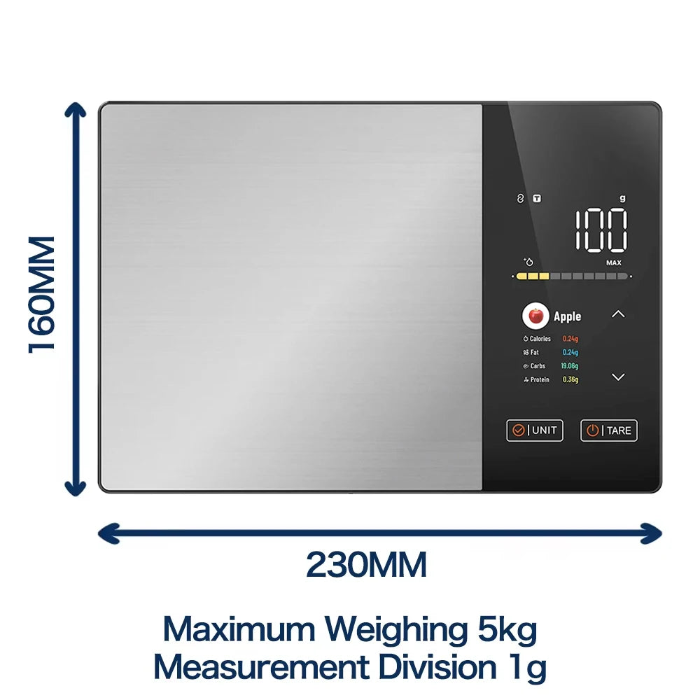 Smart Kitchen Scale Stainless Steel Food Calorie Protein Fat Carbs Nutritional Calculator 11LB/5kg Weight for Healthy Cooking luxecrown.co.uk