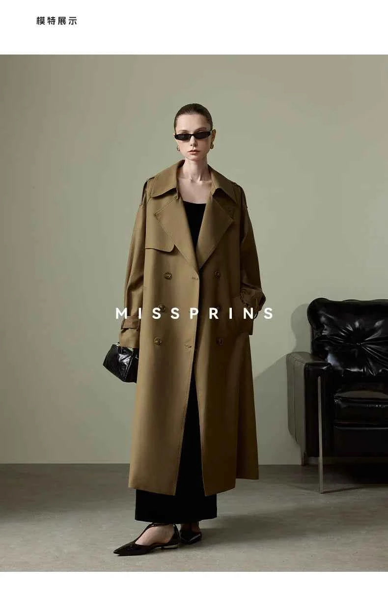 Lautaro Spring Autumn Long Khaki Trench Coat for Women Belt Double Breasted Chic Luxury Designer European Fashion Clothes 2025