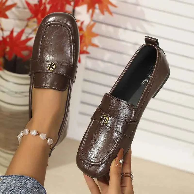 Women's Leather Flat Loafers with Gold-Tone Flower Accessory Round Apron Toe Low Block Heel Comfortable & Office Dress Shoes luxecrown.co.uk