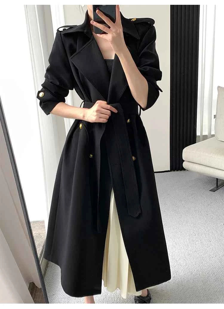 Lautaro Spring Autumn Long Black Trench Coat for Women Gold Buttons Double Breasted Elegant Chic Luxury Designer Clothes 2025
