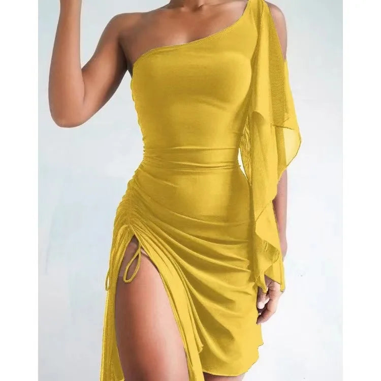 Customizable High Waist Midi Dress with Lace Sleeves Asymmetrical Hem Street Style Cotton Gown for Women Spring Summer