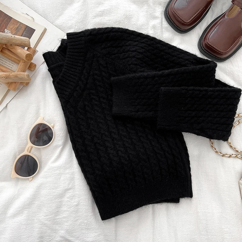 2026 New Autumn Winter Women V-neck Long Sleeve Knitted Sweaters Twist Striped Loose Solid Color Short Pullover Tops