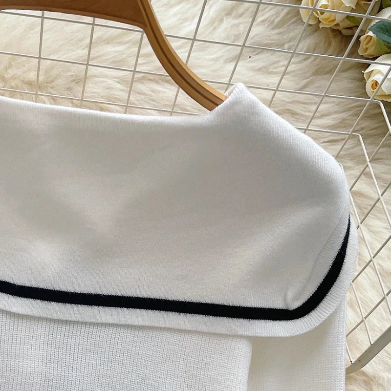 Women Autumn Winter Full Sleeve Sweater Korean Style Bow  Sailor Collar  Knitted Cardigan Fashion O-Neck Single-breasted Tops