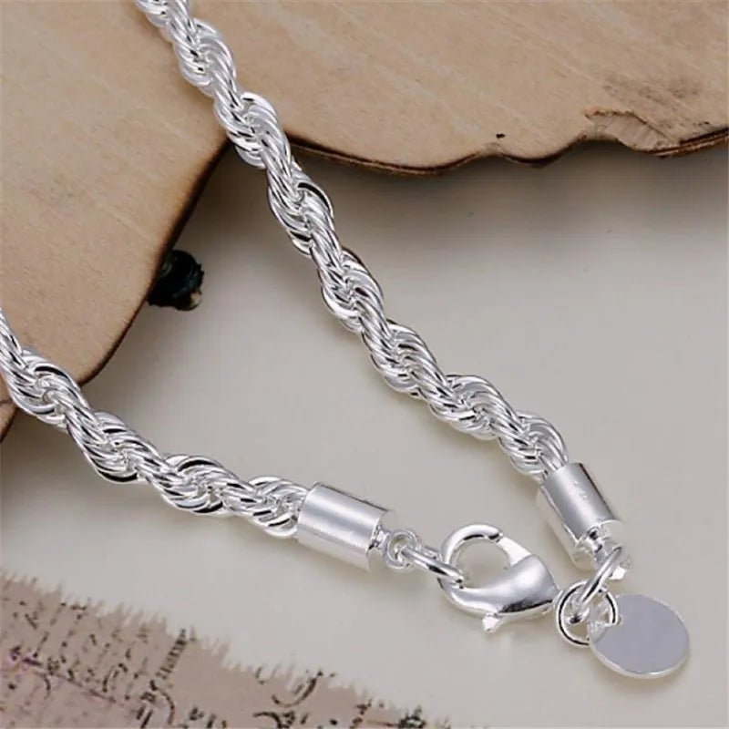 High Quality Silver Color 2MM Women Girls Men Chain Male Twisted Rope Necklace Bracelets Fashion Silver Jewelry Set Streetsharks