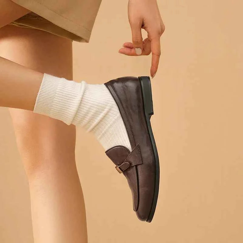 BEAUTODAY Loafers Women Cow Leather Waxing Round Toe Metal Buckle Strap Slip-on Flats Business Suit Ladies Shoes Handmade 26267 luxecrown.co.uk