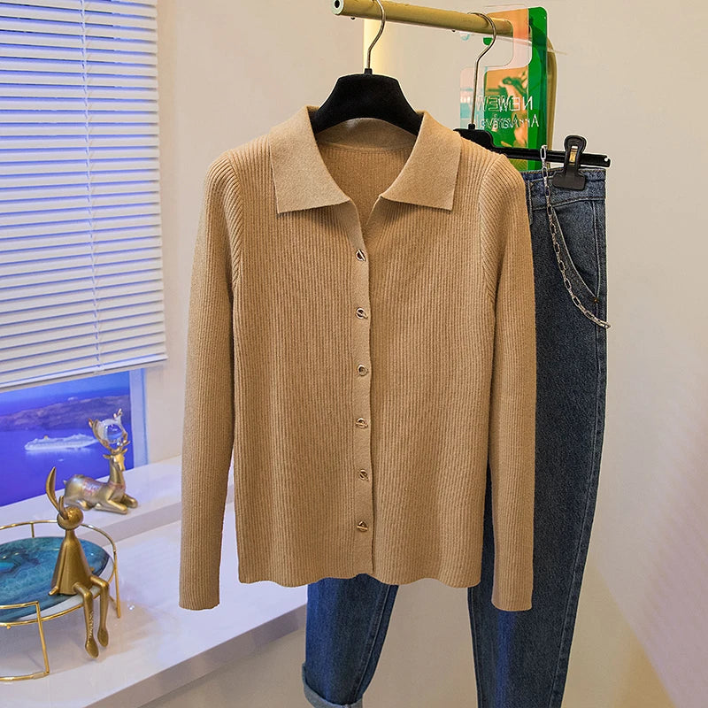 2026 Korean Style Fashion Autumn Winter Turn Down Collar Cardigan Knitted Sweater Casual Loose Long Sleeved Base Sweater Women