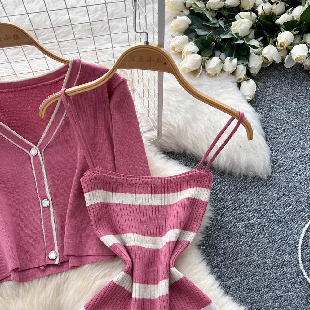 New Fashion Autumn Knitted Suits Long Sleeve V Neck Buttons Top+Stripe Strap Bodycon Dress Elegant OL Women Two Piece Sets