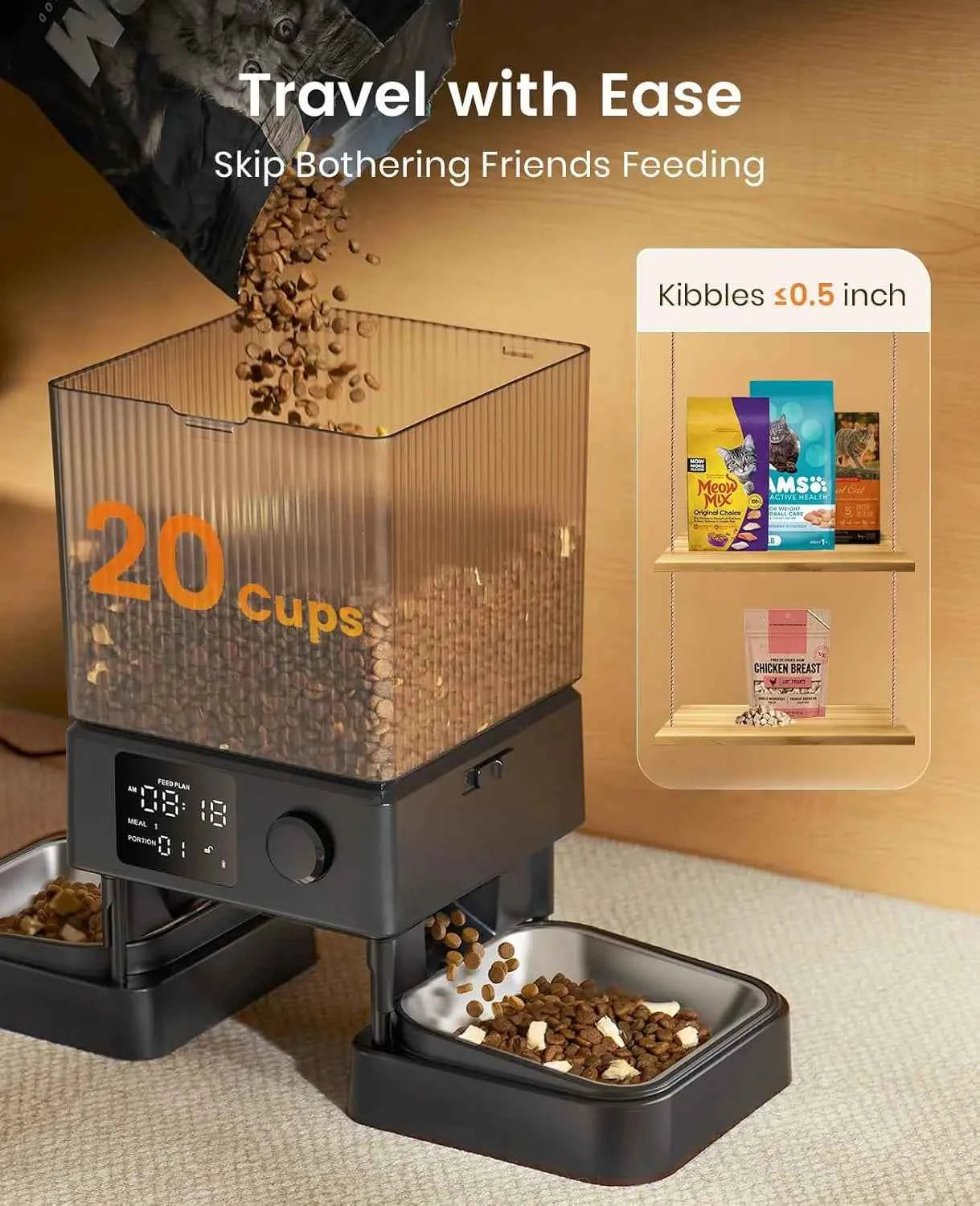 Automatic Cat Feeder for 2 Cats, 5L/20 Cups Capacity, Timed Dry Food Dispenser with Voice Recorder