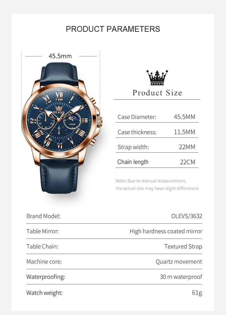 OLEVS 3632 Men Watch Elegant Luxury Sport Quartz Watch Scale Waterproof Luminous Automatic Date Moon Belt Watch Gifts Original luxecrown.co.uk