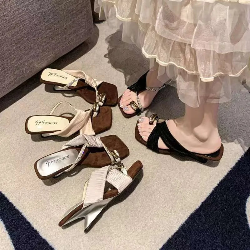 Luxury Rhinestone Square Toe Sandals  Toe Loop Women Elegant Pleated Slides Metal Decor Beach Wedding Party Dress Mules Shoes luxecrown.co.uk