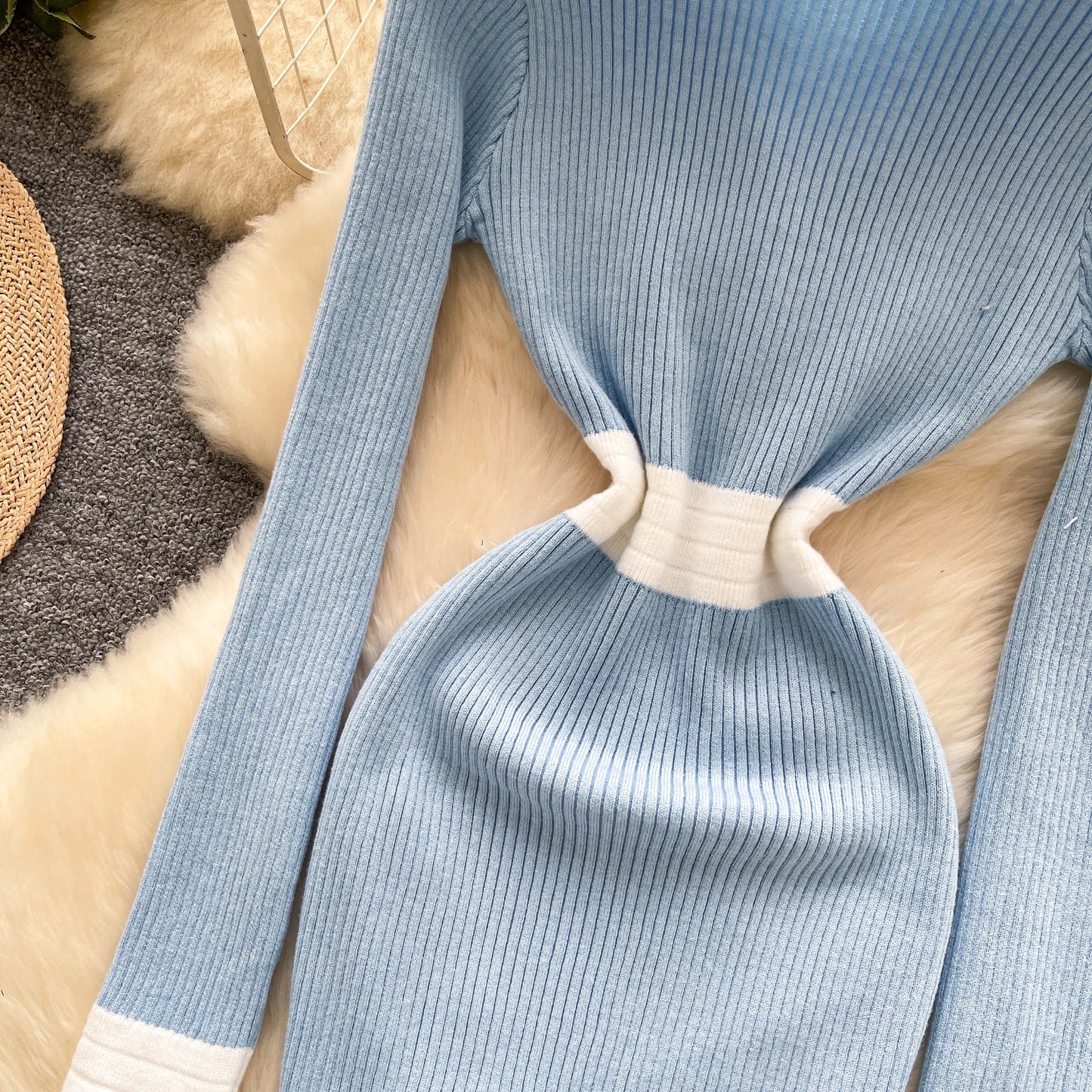 Women's French Style V Neck Long Sleeve Knitted Bodycon Dress Classic Soft Office Elegant Lady Autumn