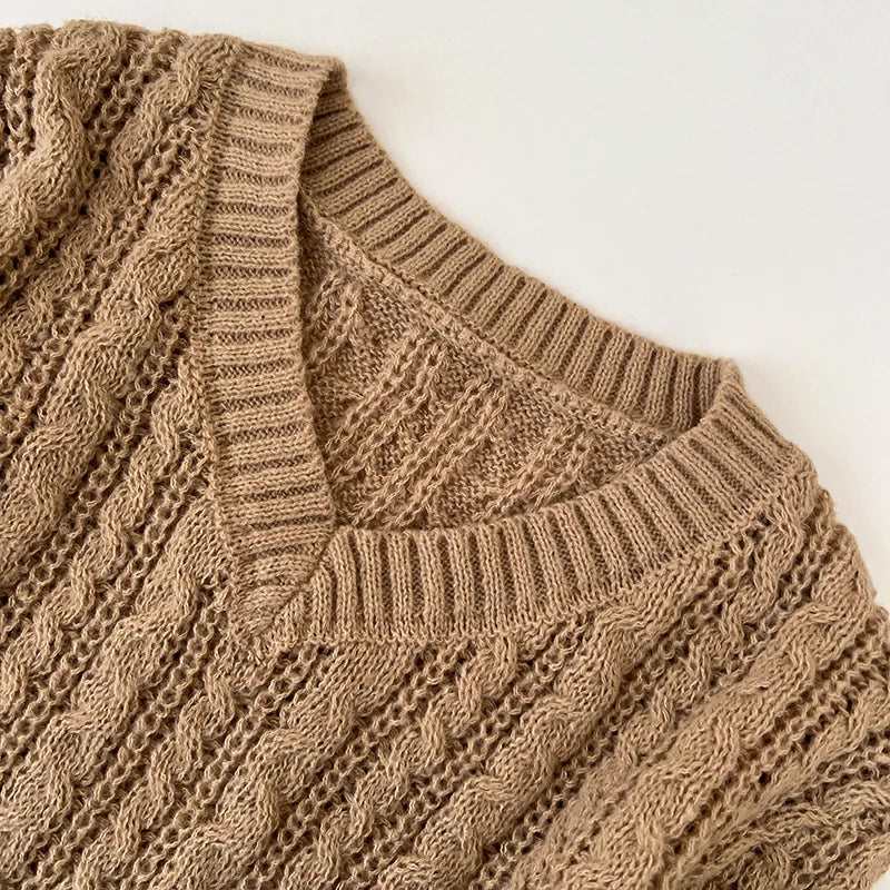 2026 New Autumn Winter Loose Casual Knitwear V-neck Long Sleeve Knitted Sweaters Twist Hollow Out Crochet Short Pullover Tops