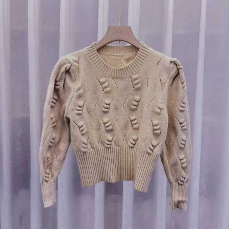 2026 New Autumn Winter Women O-neck Long Sleeve Knitted Sweaters Hollow Out Knitwear Crochet Solid Color Short Pullover Tops