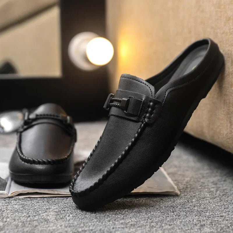 Summer Leather Men Half Slippers Breathable Mens Casual Shoes Slip-on Lazy Driving Shoes Comfortable Walking Loafers Moccasins luxecrown.co.uk