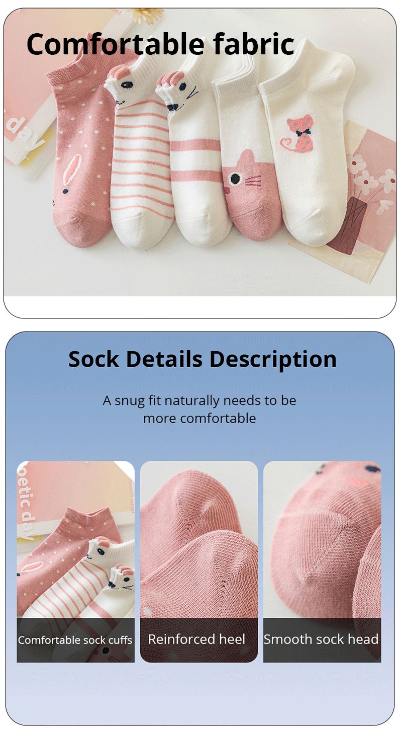 5/10/20 Pairs Women's Short Tube Socks Pink Cat Thin Four Seasons Cute Boat Sockslow Top Ins Trendy Socks