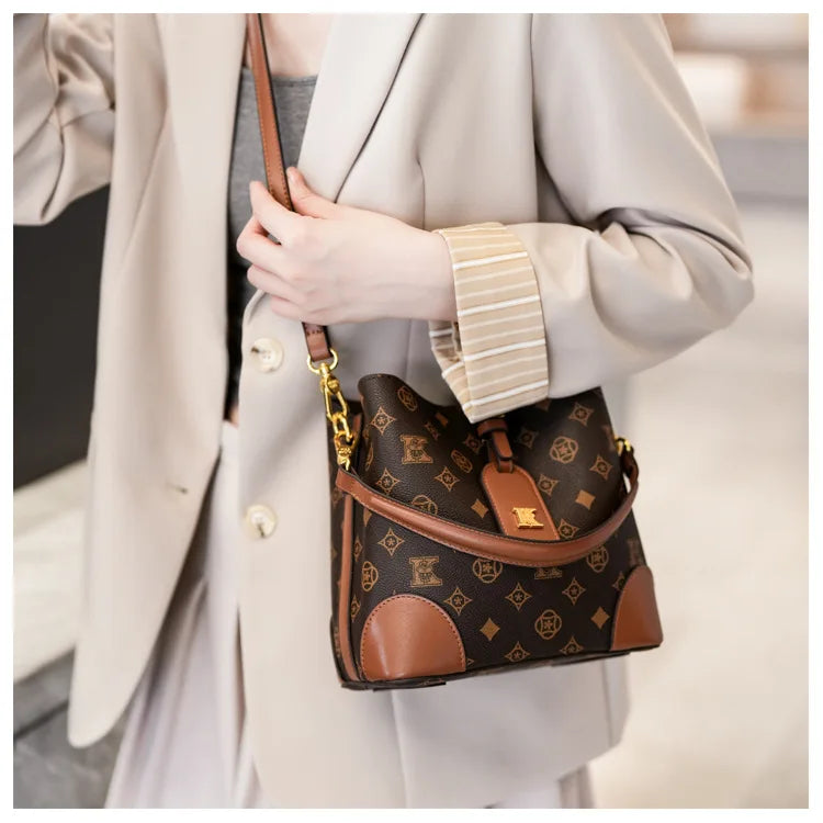 High-End Large Capacity Bucket Bag Women's Fashion Luxury Retro Floral Print Single Shoulder Bag Vintage Style PU Material luxecrown.co.uk