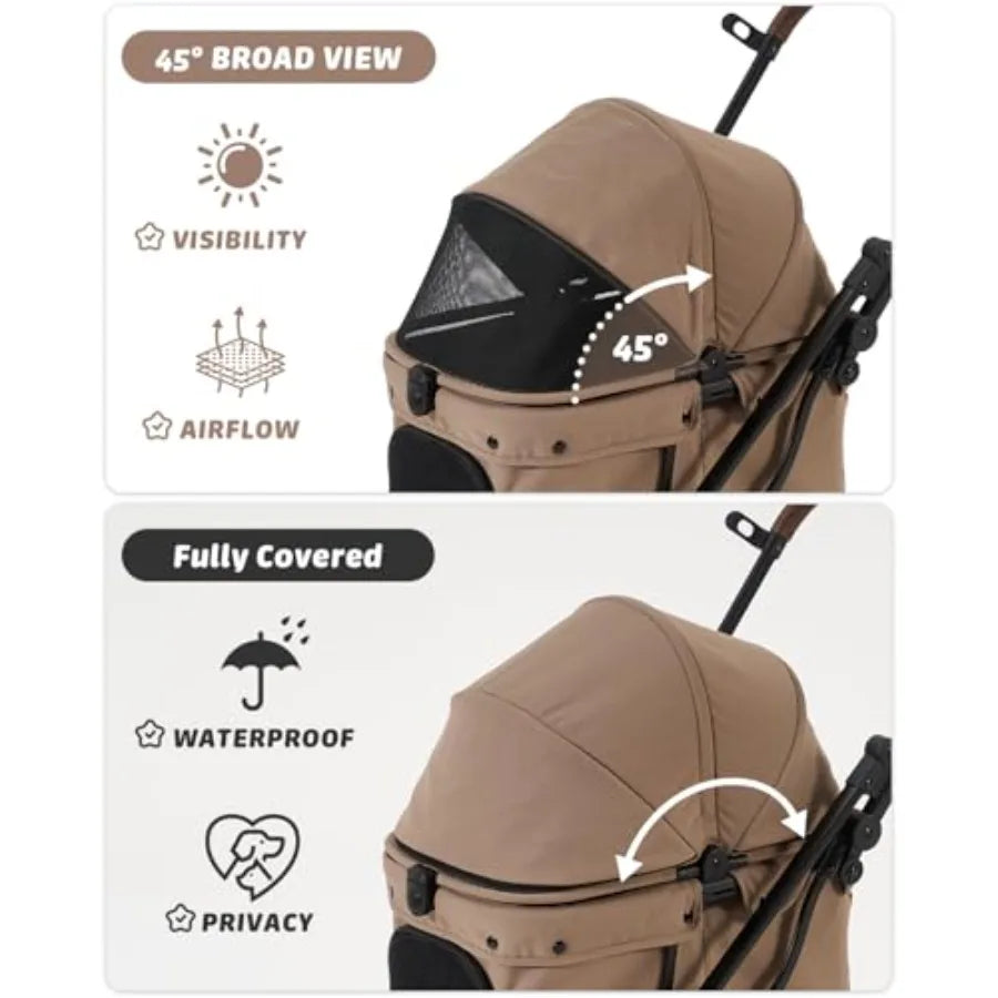 Pet stroller for small medium dogs and cats up to 121 lbs, polyester fabric, brown, foldable with one-click mechanism and 4-whe luxecrown.co.uk