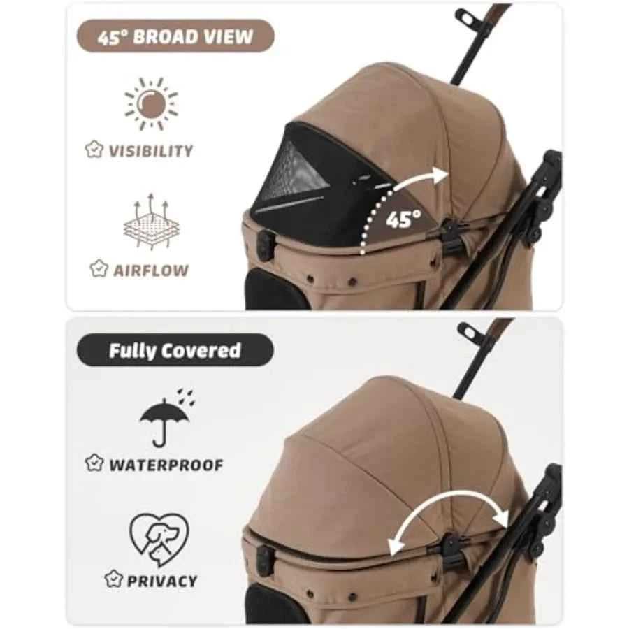 Pet stroller for small medium dogs and cats up to 121 lbs, polyester fabric, brown, foldable with one-click mechanism and 4-whe