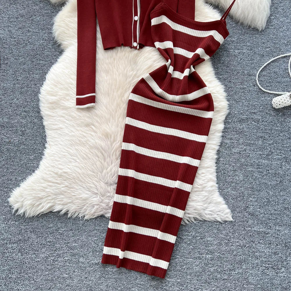 New Fashion Autumn Knitted Suits Long Sleeve V Neck Buttons Top+Stripe Strap Bodycon Dress Elegant OL Women Two Piece Sets