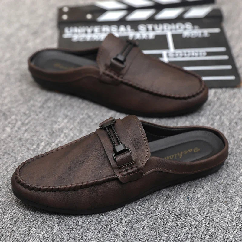 Summer Leather Men Half Slippers Breathable Mens Casual Shoes Slip-on Lazy Driving Shoes Comfortable Walking Loafers Moccasins luxecrown.co.uk
