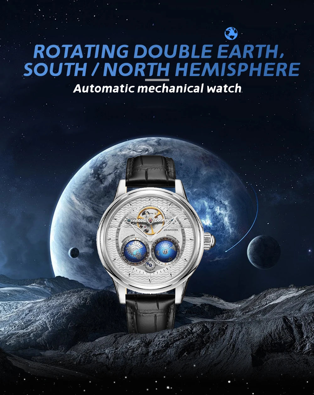 SEAKOSS Male Dual Earth Rotating Mechanical Men's Watch Automatic Movement Waterproof Clock Pilots 1963 Flywheel Wristwatches