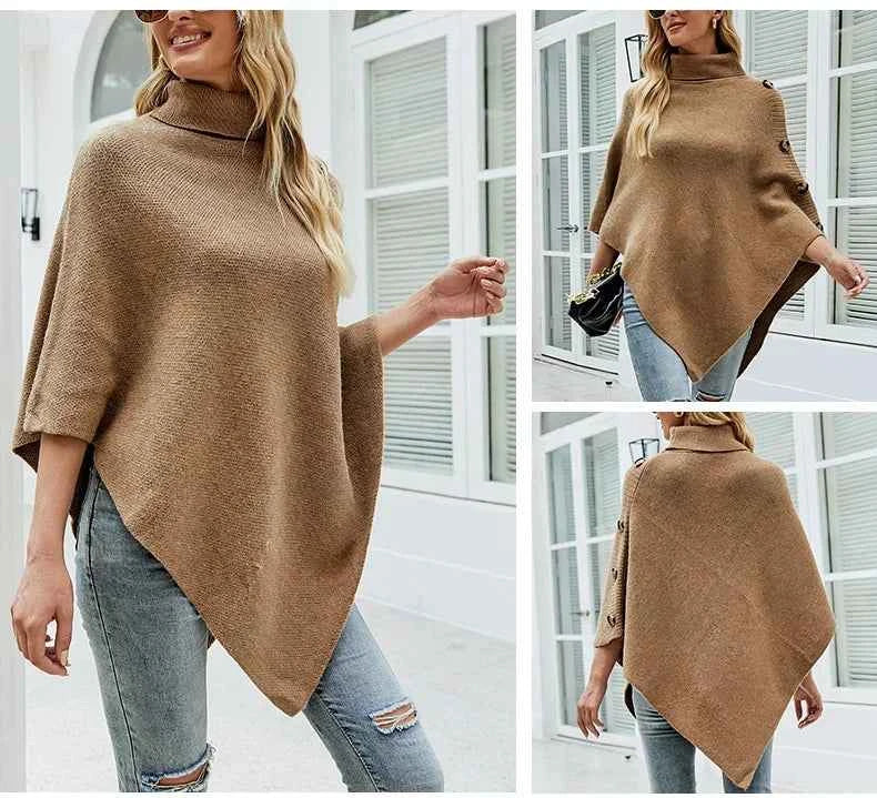 2025 Autumn Winter Shawl Cloak Sweater Solid Color Turtleneck Oversized Cape Coat Female Ponchos Pullover Knitted Bat Sleeve Top