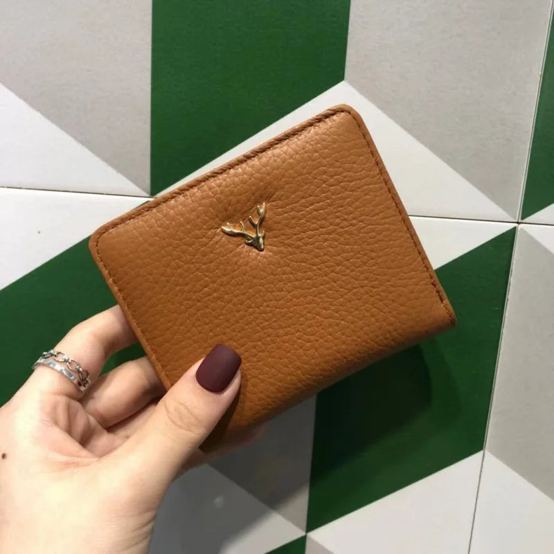 Cowhide Women's Purses Short Thin Small Wallet Chic Christmas Deer Button Ladies Genuine Leather Card Holder Wallet Coin Purse luxecrown.co.uk