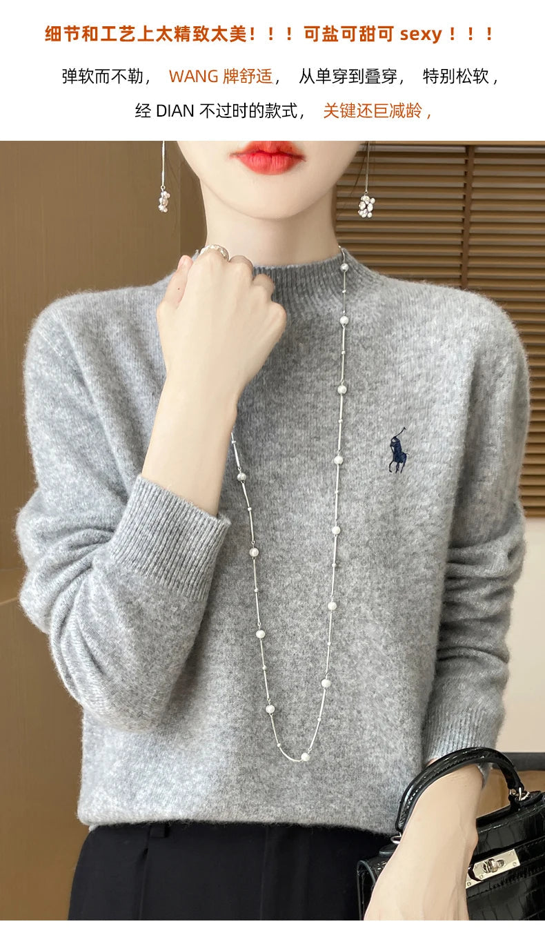 2024 Autumn/Winter Women's New Cashmere Hoodie Fashionable Embroidered Half High Neck Soft Cashmere Explosive100% Australianwool Streetsharks