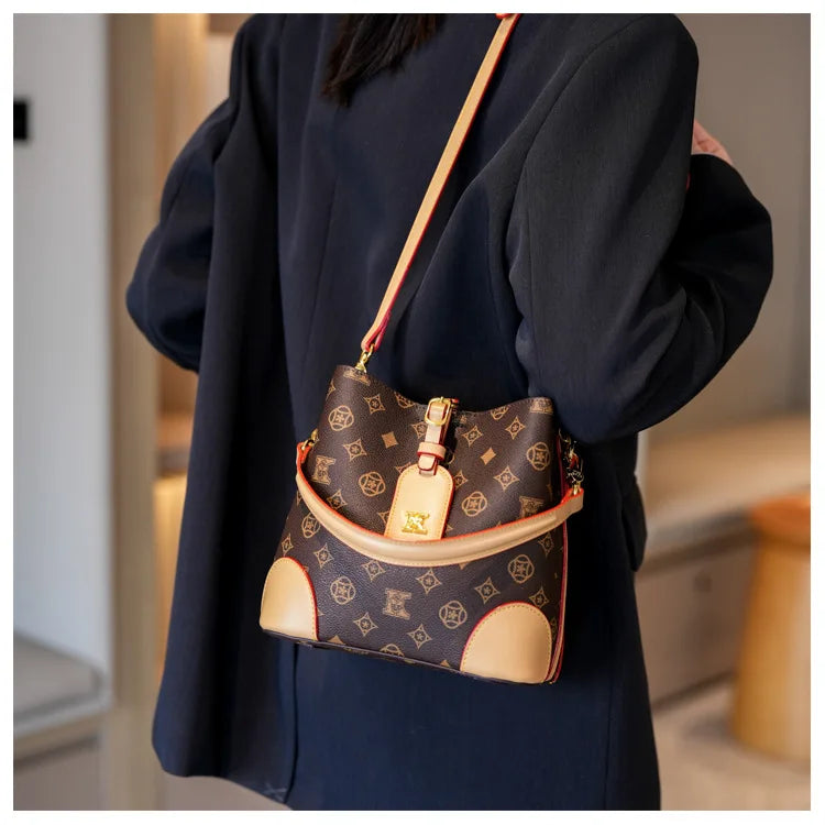 High-End Large Capacity Bucket Bag Women's Fashion Luxury Retro Floral Print Single Shoulder Bag Vintage Style PU Material luxecrown.co.uk