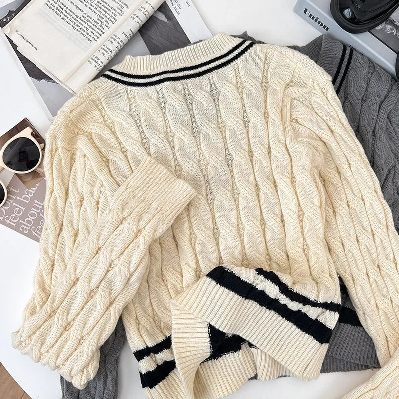 2026 New Autumn Winter Preppy Style Knitwear V-neck Long Sleeve Knitted Sweaters Twist Hit Color Striped Short Pullover Tops