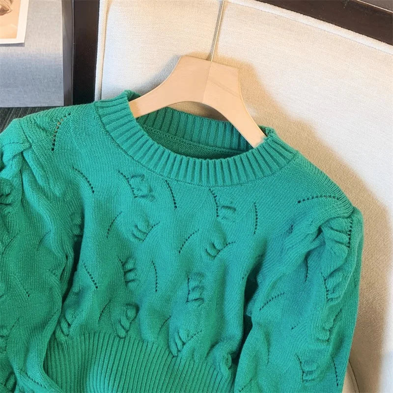 2026 New Autumn Winter Women O-neck Long Sleeve Knitted Sweaters Hollow Out Knitwear Crochet Solid Color Short Pullover Tops