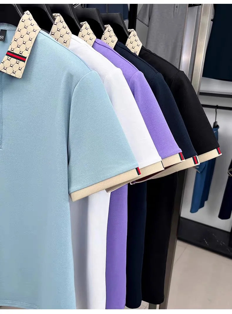 Luxury brand B letter embossed short sleeve polo shirt men summer lightweight breathable new fashion color blocked lapel T-shirt luxecrown.co.uk