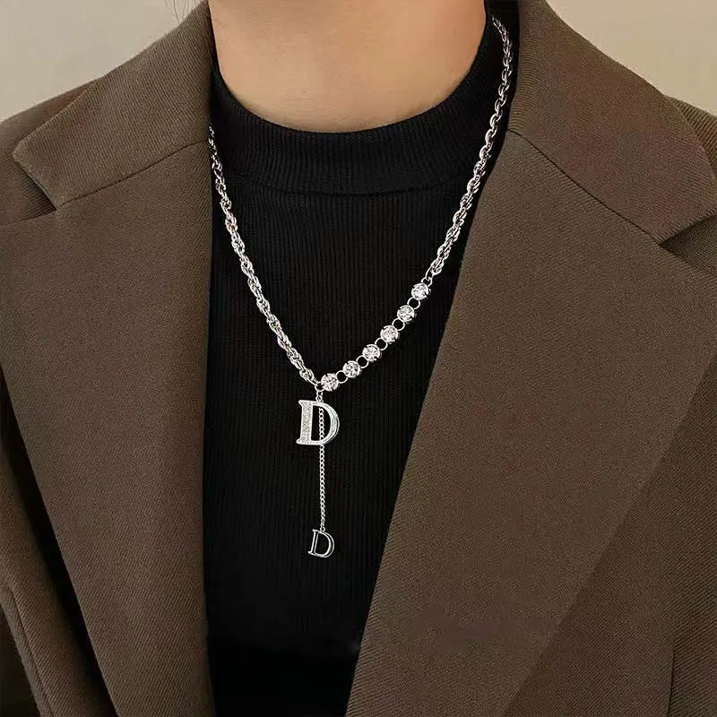 2024 New Luxury Zircon Letter D Pendant Necklace for Women Girls Sparkling Rhinestone Tassel Sweater Chain Necklace Jewelry Gift Streetsharks