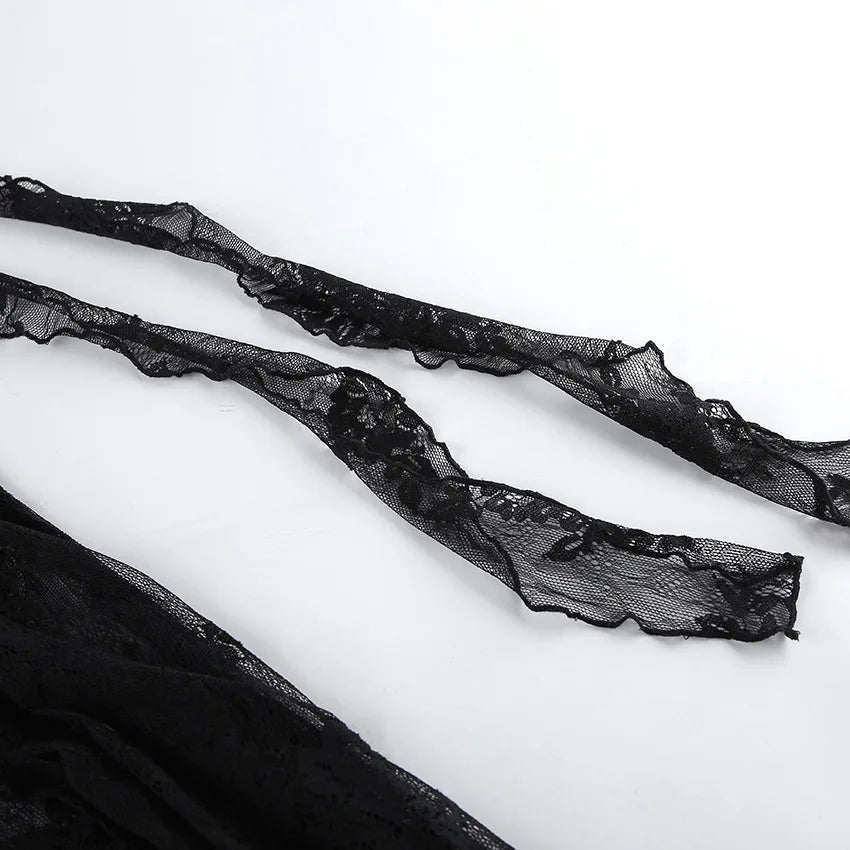 TARUXY Elegant Black Lace Sexy Dress Women's Summer New Perspective Hollow Out Slit V-Neck Straps Dress Female Party Club Dress