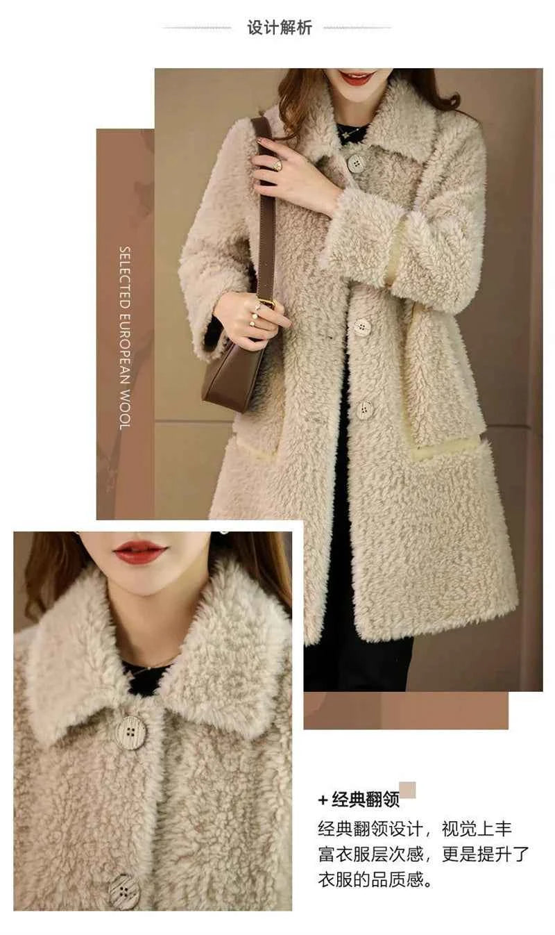 Female Winter Slim Grain Wool Middle Long Coat Women New Middle-Aged And Elderly Cashmere Thickened Imitation Lamb Wool Overcoat