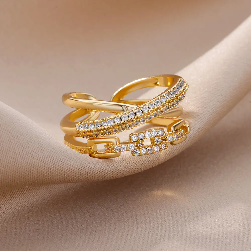 Fashion Gold Color Stainless Steel Rings For Women Chain Hollow Out Crystal Zircon Finger Ring Jewelry 2023 Gift anillos mujer Streetsharks