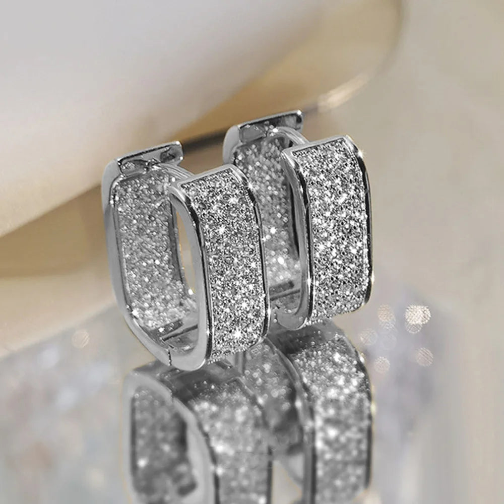 Luxury Full of Zircon Shiny Geometric Square Hoop Earrings for Women Temperament Gold Color Stainless Steel Korea Jewelry Gift Streetsharks