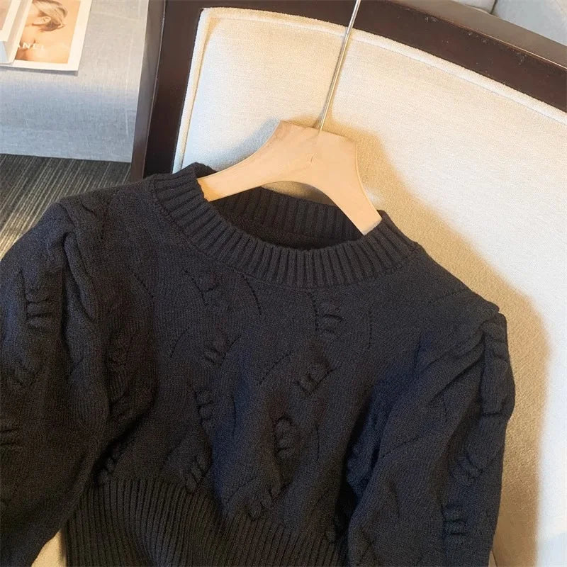 2026 New Autumn Winter Women O-neck Long Sleeve Knitted Sweaters Hollow Out Knitwear Crochet Solid Color Short Pullover Tops