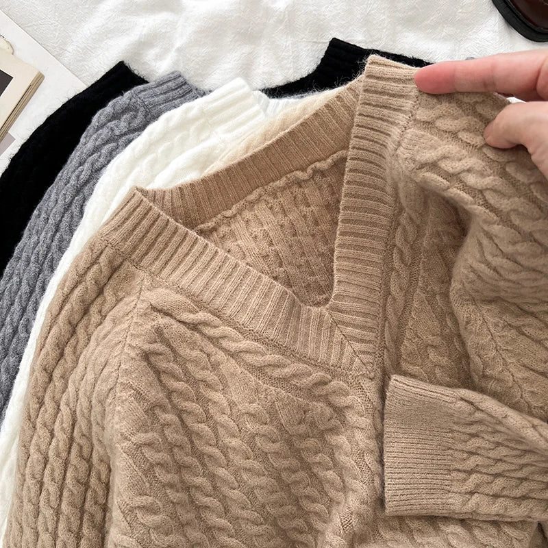 2026 New Autumn Winter Women V-neck Long Sleeve Knitted Sweaters Twist Striped Loose Solid Color Short Pullover Tops