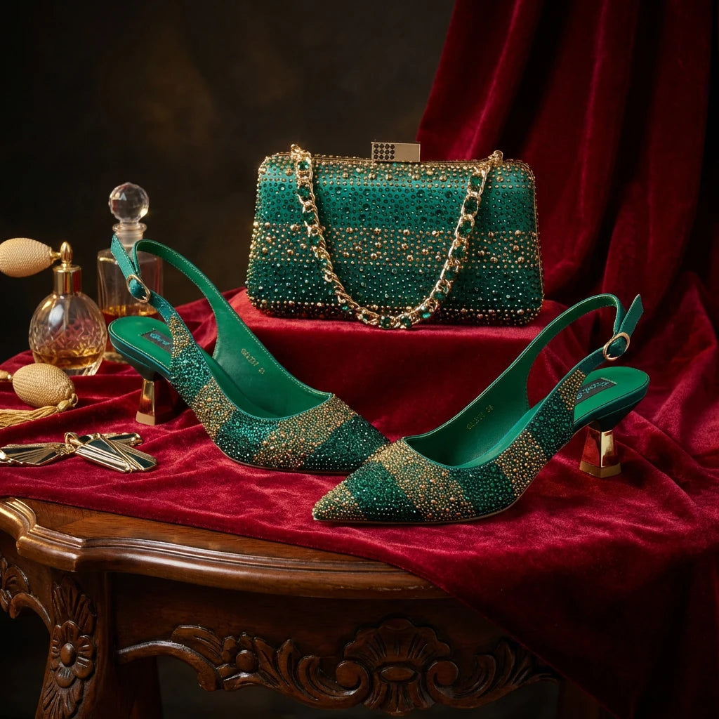 2026 Nigerian Women Heel Ladies Italian Luxury Design Green Shoes And Bag Set Decorated with Rhinestone Handbag Wedding Party luxecrown.co.uk