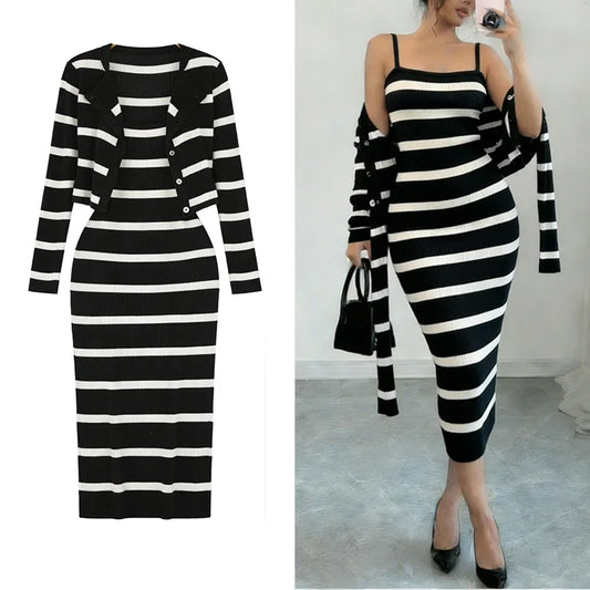 Women's 2-Piece Knit Outfit Long Sleeve Cardigan+Striped Dress Set Black White Bodycon Casual Office Party Matching Dress Set
