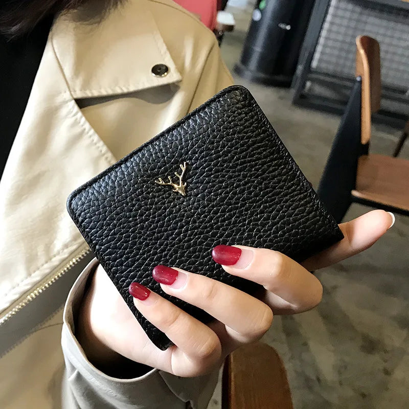 Cowhide Women's Purses Short Thin Small Wallet Chic Christmas Deer Button Ladies Genuine Leather Card Holder Wallet Coin Purse luxecrown.co.uk