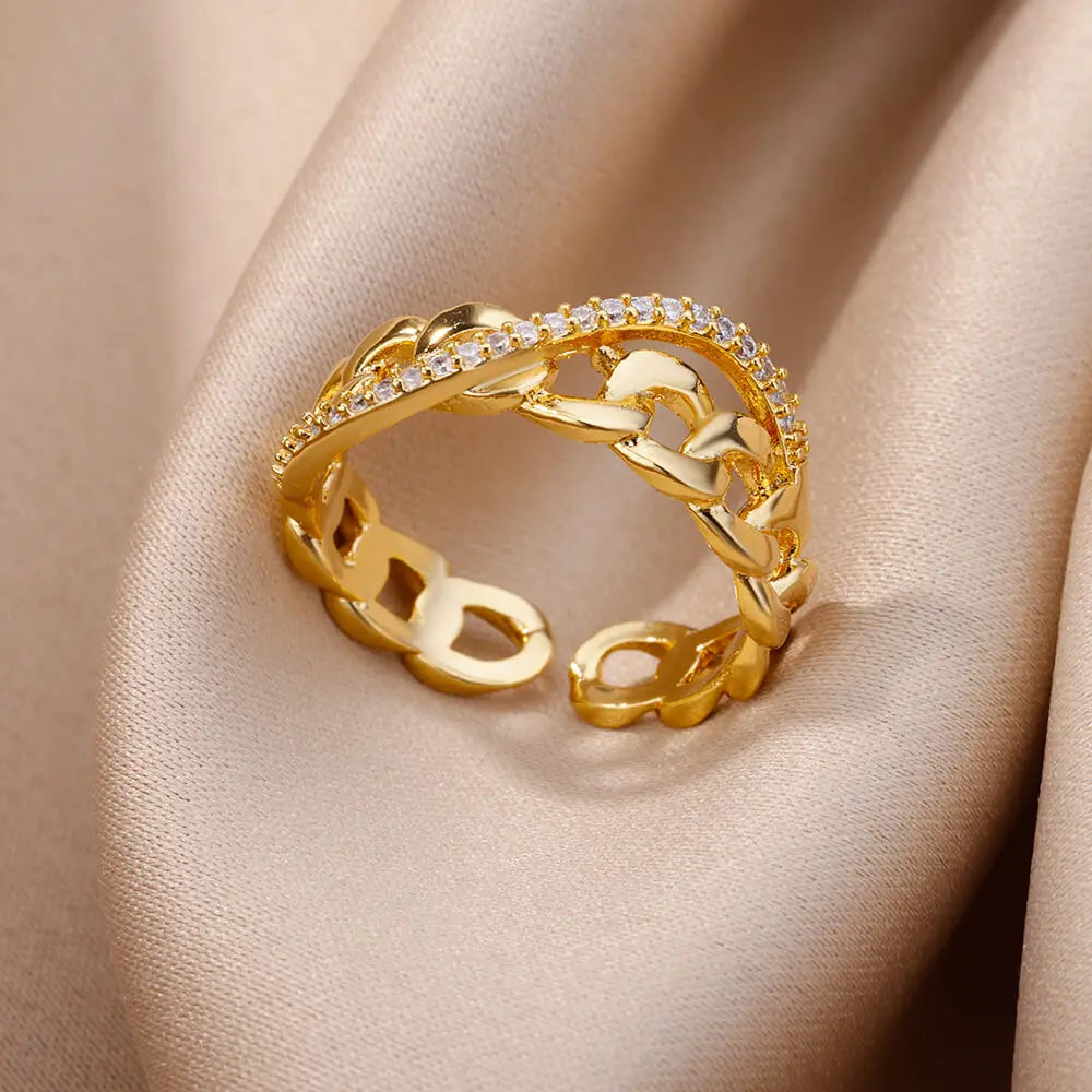 Fashion Gold Color Stainless Steel Rings For Women Chain Hollow Out Crystal Zircon Finger Ring Jewelry 2023 Gift anillos mujer Streetsharks