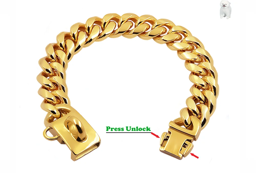 Metal Dog Collar Stainless Steel Pet Choker Gold Cuban Link Chain 14mm Wide Lead for Small Medium Large Dogs Pet Accessories luxecrown.co.uk