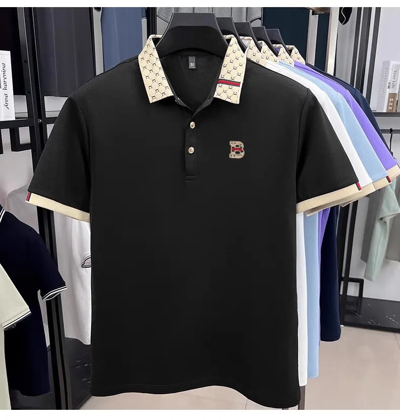 Luxury brand B letter embossed short sleeve polo shirt men summer lightweight breathable new fashion color blocked lapel T-shirt luxecrown.co.uk
