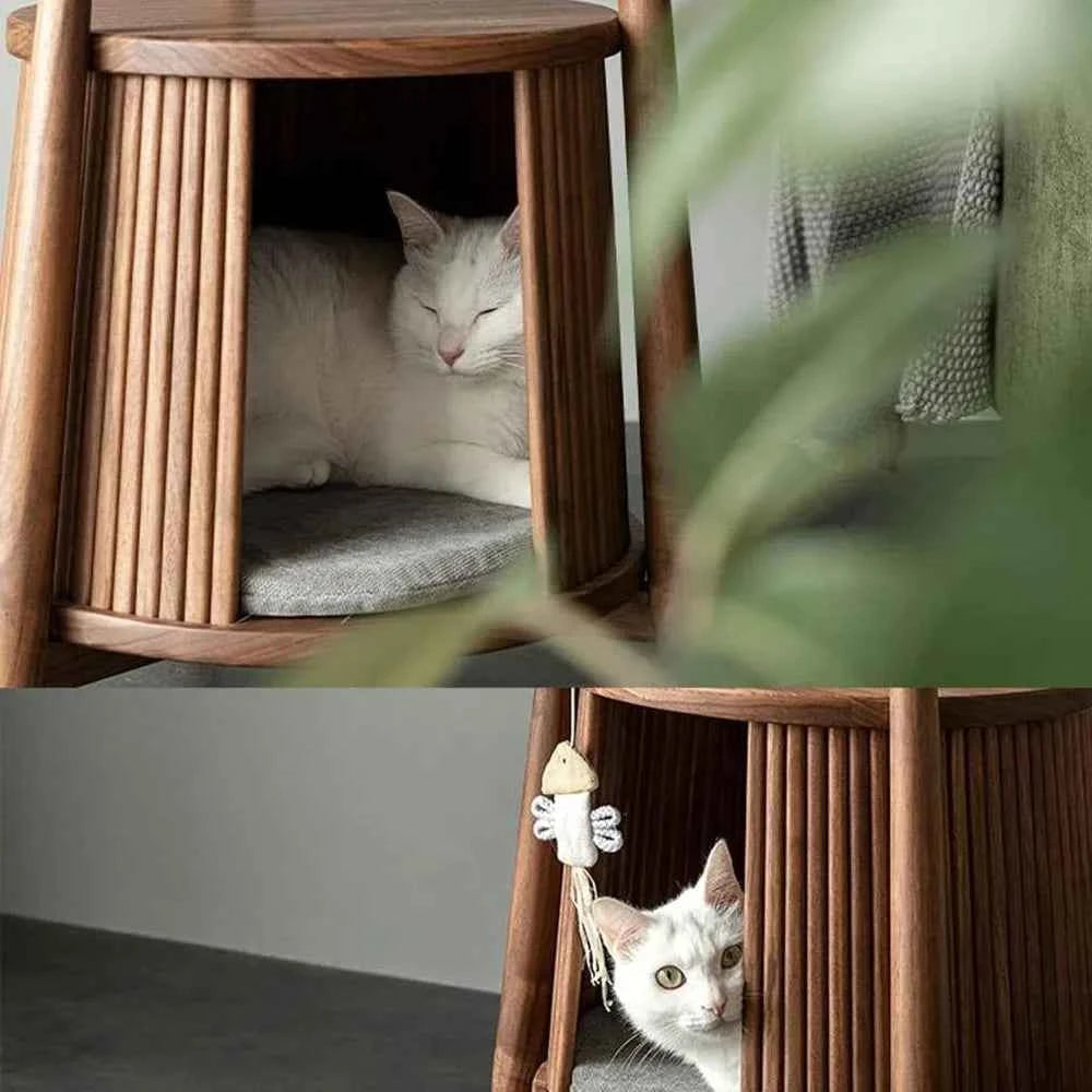 Solid Wood End Table with Built-in Cat House, Nightstand Coffee Table for Small Cats, Pet Bed Side Table Cat Condos