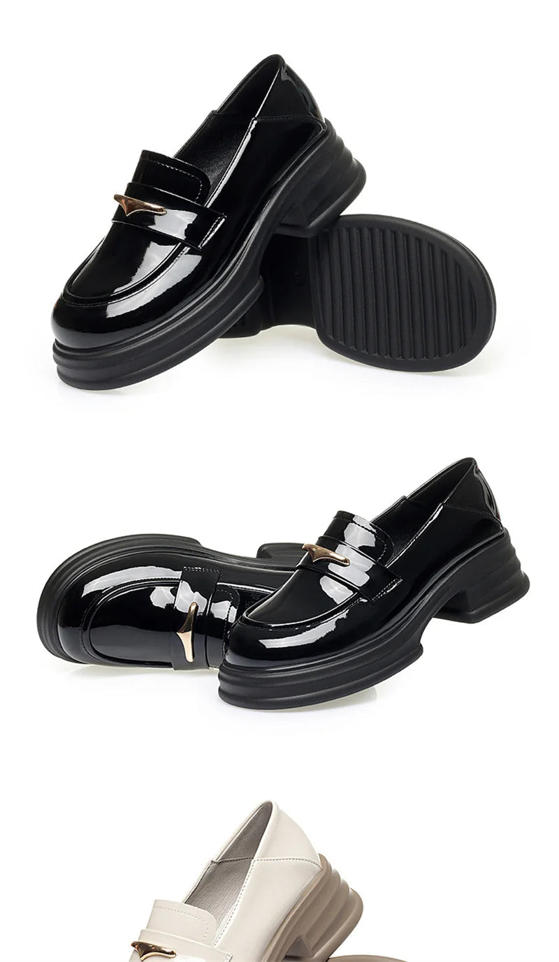 Thick-Soled Loafers Women's Spring And Autumn New British Style Retro Sponge Cake Leather Shoes Thick Heel Black Single Shoes luxecrown.co.uk