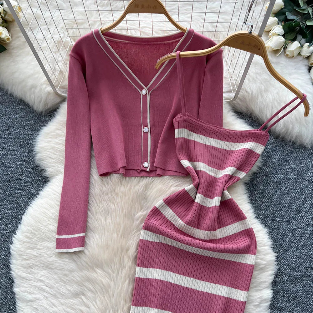 New Fashion Autumn Knitted Suits Long Sleeve V Neck Buttons Top+Stripe Strap Bodycon Dress Elegant OL Women Two Piece Sets